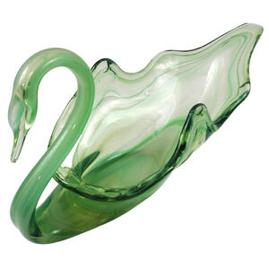 Murano Style Art Glass Swan Bowl Green Hand Blown 10" Vintage MCM Midcentury